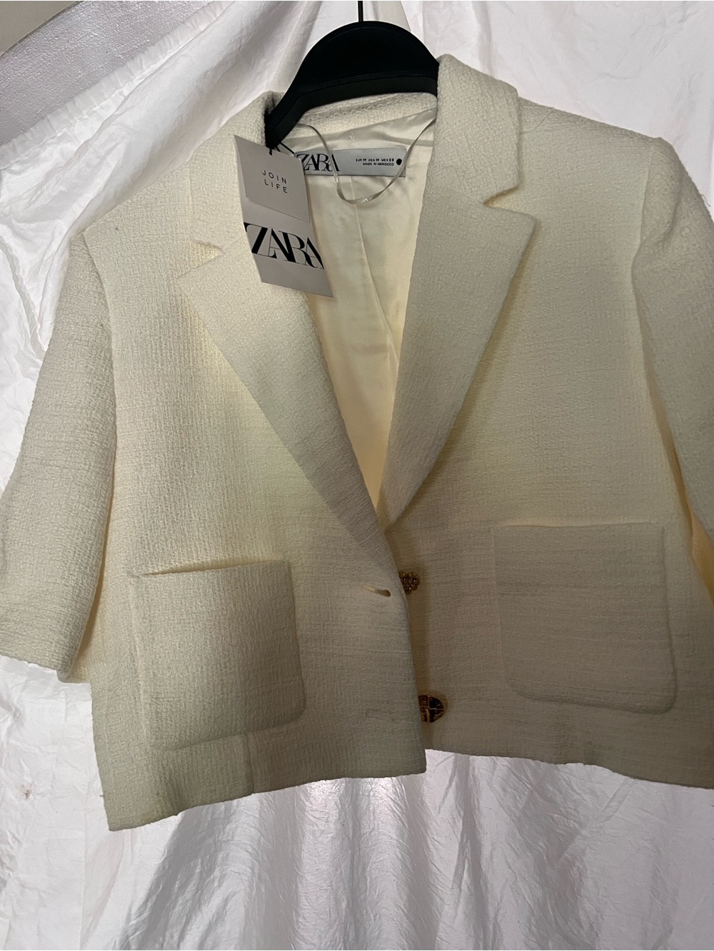 Zara Cream Textured Cropped Blazer Jacket